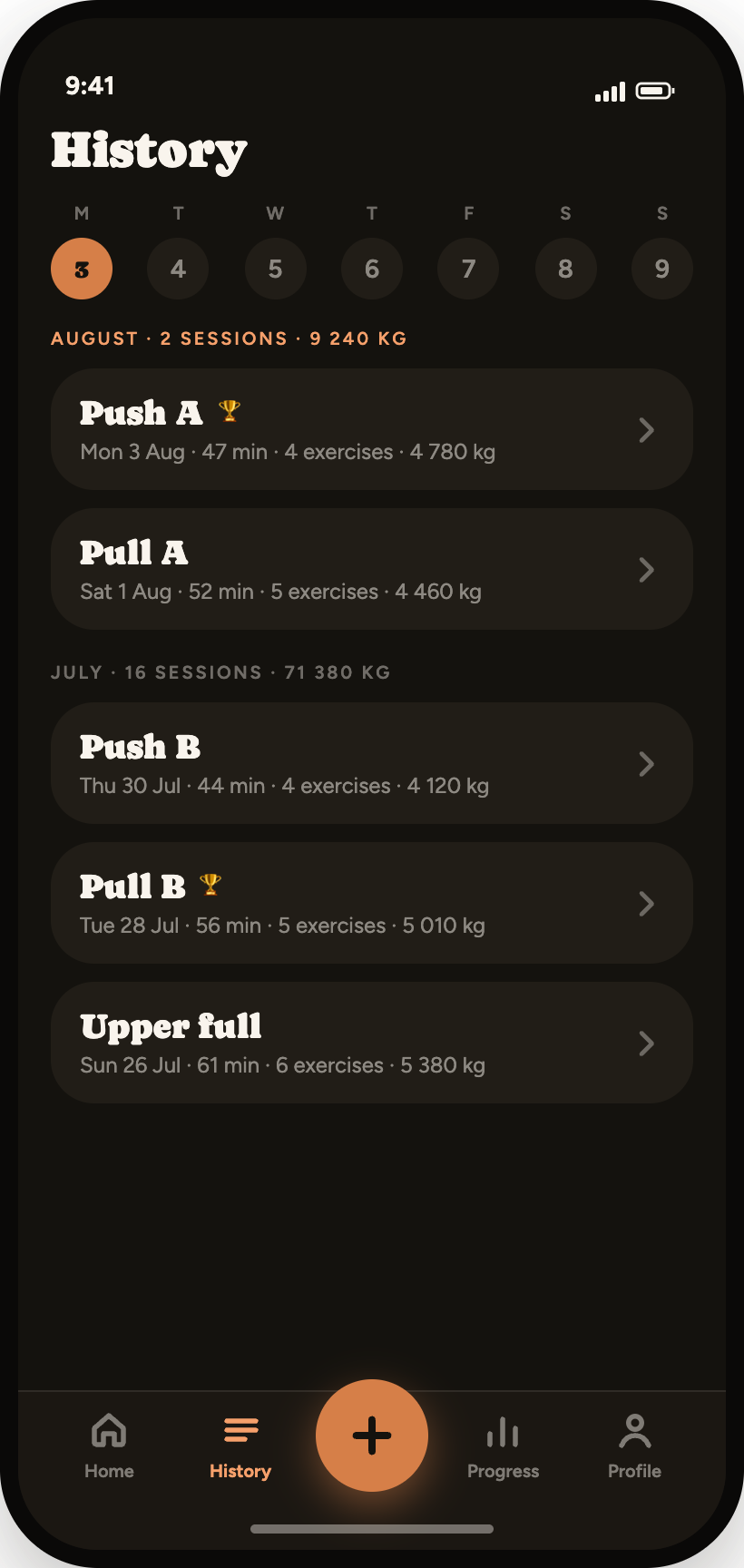 GymTrack history screen with sessions grouped by month and a week strip