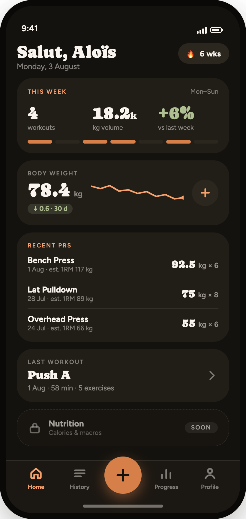 GymTrack home dashboard showing weekly volume, body weight trend and recent personal records