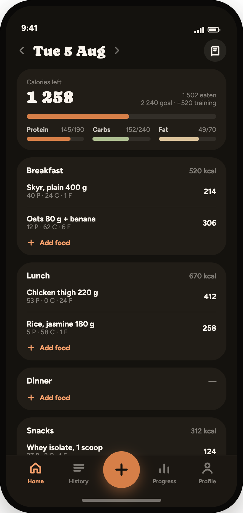 GymTrack nutrition diary with calories left, macro bars and food logged by meal