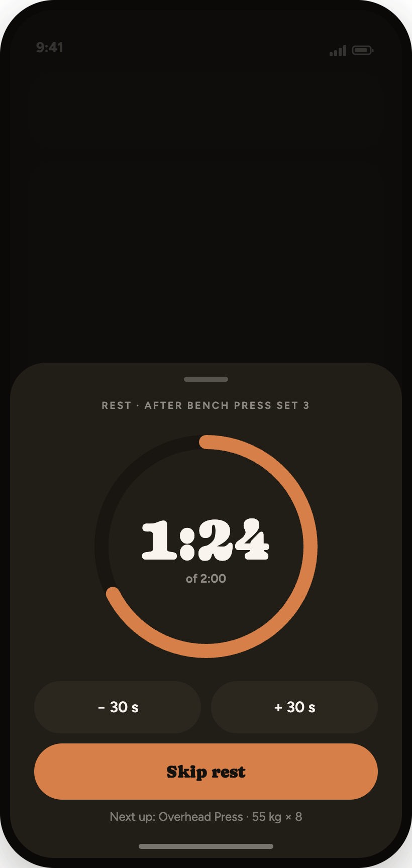 GymTrack rest timer expanded to a full sheet with a large circular countdown